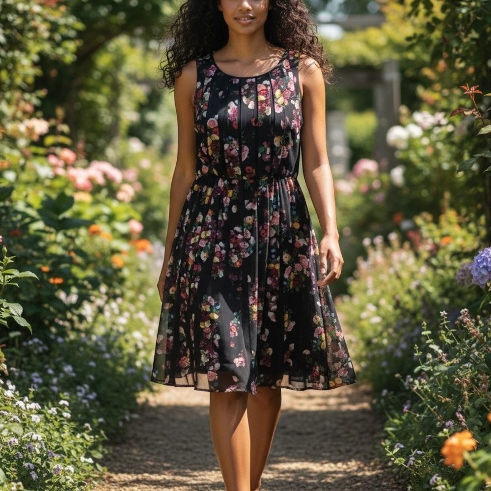 Adrianna Papell Black Floral Pleated Sleeveless Midi Dress Wedding Guest Size 14